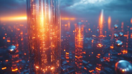 A glowing cylindrical skyscraper surrounded by a futuristic cityscape of spherical flying vehicles. Generative AI