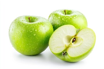 Green apples with one apple cut in half, isolated on a white background