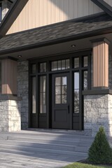 Elegant modern entrance of a house with stone and wood accents, featuring a stylish front door and inviting porch area, showcasing contemporary architectural design