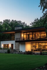 Fototapeta premium Modern architecture blends seamlessly with nature in serene evening light showcasing a stunning two-story house surrounded by lush greenery