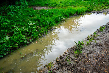 Flooded muddy footpath in the countryside