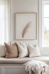 Fototapeta premium The inviting indoor seating area boasts an array of decorative pillows, complemented by minimalistic wall art that highlights a subtle nature theme, creating a warm and relaxing atmosphere.
