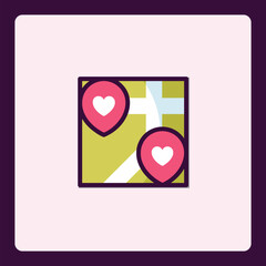 Minimalist Love Map Icon Featuring Heart Shaped Location Markers on road, cartography