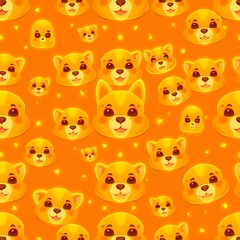 Obraz premium A Festive Canine Celebration: A joyful, repeating pattern of adorable golden-hued dog faces adorn a vibrant orange backdrop, evoking cheerfulness.