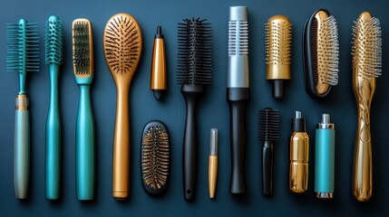 Hairbrush Collection: A Stylish Array of Gold and Teal Hair Care Tools