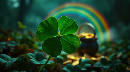 Obraz premium A four leaf clover with a rainbow and pot of gold in the background. St. Patrick's Day Concept.