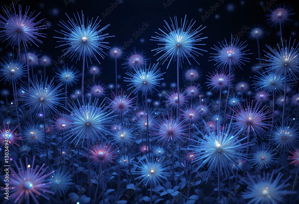 Poster luminescent garden, dreamlike blooms... glowing flowers with spiky petals radiate soft light in cool
