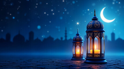 Fototapeta premium Ramadan, Eid Lanterns at Night, Islamic Festive Lights, Crescent Moon & Spiritual Atmosphere.Blue night background, generative ai