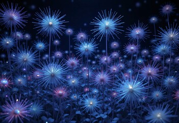 Luminescent Garden, Dreamlike Blooms... Glowing Flowers With Spiky Petals Radiate Soft Light In Cool Blue And Purple Hues, Creating An Abstract Arrangement For Visual Intrigue.