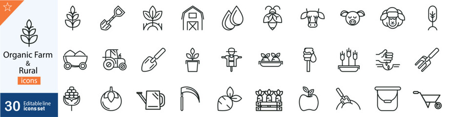 Organic Farm and Rural Line Icons Set. Collection of 30 outline vector icons representing sustainable agriculture, eco-friendly farming, village life, crops, livestock, and rural development.