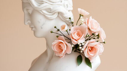 Stone statue covered with spring flowers on isolated background