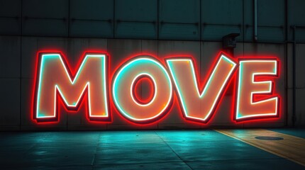 Illuminated "MOVE" sign against a wall, bold and bright, inspiring motion and action with vibrant neon light.