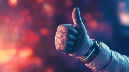 Astronaut's hand giving thumbs up over blurred space background with copy space