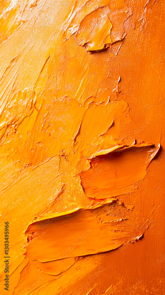 Aufkleber Close-up view of textured orange paint strokes on a surface with uneven application, showcasing creativity, artistic expression, and vibrant color dynamics.