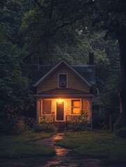Brightly Lit House in Darkened Neighborhood During Power Outage