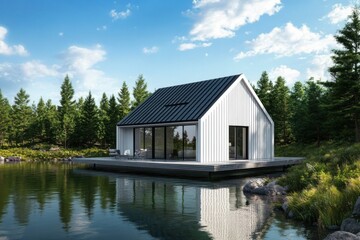 A contemporary cabin nestled beside a peaceful lake, encircled by vibrant greenery and trees, offers an idyllic escape in the bright daylight