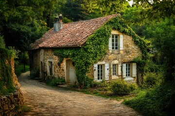 Fototapeta premium Charming stone house covered in green ivy located on a winding path surrounded by lush trees and serenity in a peaceful countryside setting during golden hour
