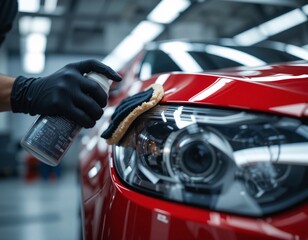 Obraz premium Red Car Detail, Professional Care. Auto Cleaning, Headlight Polish. Garage Scene. Expert Hand, Applying Cleaner. Paint Protection. Gleaming Finish. Car Detailing Services. Perfection In Auto Care.
