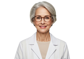 Fototapeta premium A professional female doctor with short gray hair wearing a white lab coat isolated on transparent background