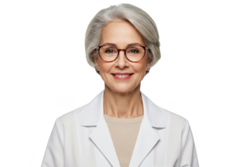 A professional female doctor with short gray hair wearing a white lab coat isolated on transparent background