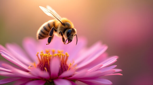 Stunning Macro Honeybee on Pink Aster Pollination Soft Light Bokeh