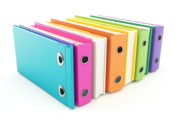 Colorful collection of sturdy binders arranged neatly on a bright, organized study desk space isolated on transparent background
