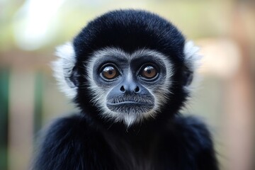 Fototapeta premium Young pileated gibbon showing its beautiful face and big eyes