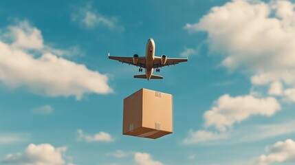 A box is floating in the air next to an airplane. Concept of adventure and excitement, as the box is being transported to a new destination. The image also suggests the importance of efficient