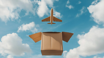 A cardboard box with a plane inside of it flying through the sky. The box is open and the plane is in the air