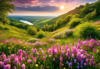 Fototapeta premium lush vibrant spring landscapes colorful blooming greenery bright sunshine under clear blue skies, flowers, blooms, sky, nature, outdoor, petals, grass, leaves