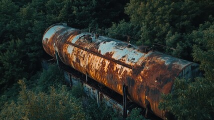 Rusted Tanker for Forest Overgrowth, Aerial View.