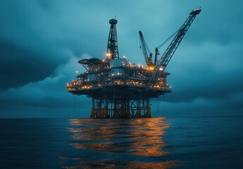 Offshore oil drilling platform illuminated at night amidst dark cloudy sky and calm ocean waters, showcasing the beauty of industrial exploration