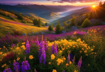 Naklejka premium majestic sunrise over lush slopes rolling valleys surrounded vibrant flora exquisite natural landscapes, aura, bright, dawn, mountain, scenery, fauna