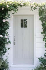 A delightful exterior door is beautifully framed by vibrant climbing roses, set against the backdrop of a sunlit and flourishing garden