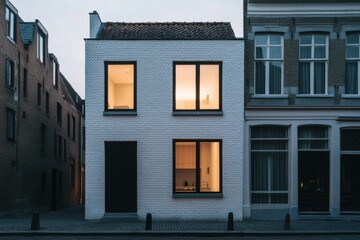 Obraz premium Modern architecture of a minimalist white house illuminated at dusk highlights its unique design amidst traditional brick structures in a quiet urban neighborhood