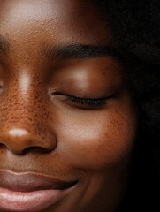 Close-up face african descent closing and opening eyes, smiling reaction