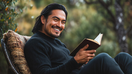 Fototapeta premium Native American Man in His Mid-30s Sitting in a Chair, Smiling Contently While Reading a Book in a Peaceful Setting