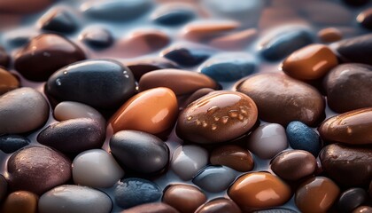 Macro shot of wet beach pebbles, emphasizing their smooth surfaces and natural colors, ideal for nature, texture, and coastal-themed visuals.
