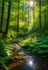 Obraz premium vibrant forest landscape illuminated sunlight filling trees natural beauty colorful scenery, wood, greenery, foliage, branch, leaf, beam, sky, plant