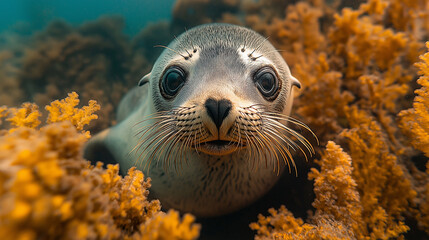 Fototapeta premium Scuba Diver Encounters a Curious Seal Among Vibrant Underwater Vegetation