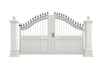 Elegant white garden gate with intricate ironwork opening to a serene outdoor space isolated on transparent background