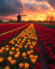 Tulip Fields at Sunset: Rows of vibrant tulips in a field stretch towards the horizon, illuminated by the warm glow of a setting sun, under a dramatic sky with a windmill silhouette.