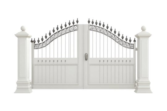 Elegant white garden gate with intricate ironwork opening to a serene outdoor space isolated on transparent background