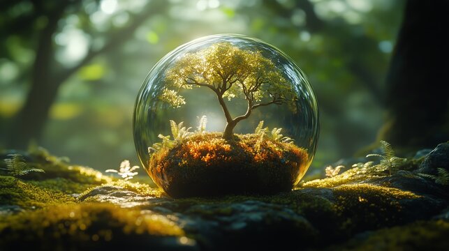 Miniature Tree Inside Glass Dome Surrounded by Lush Green Foliage During Bright Sunlight