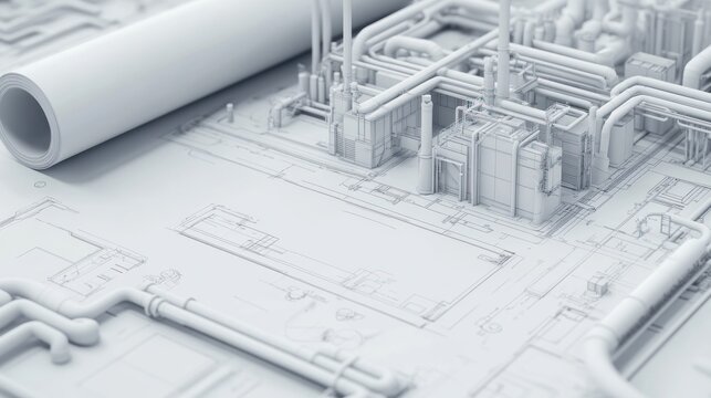 Industrial blueprint design, detailed pipes and equipment, engineering