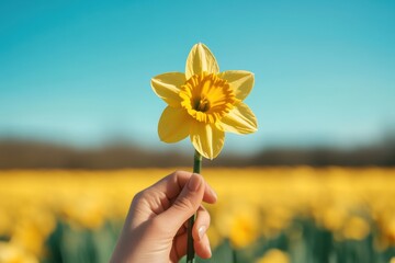 Holding yellow daffodil near sunflower field © jiwa