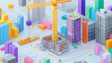Colorful 3D city construction model, blueprint background, urban development