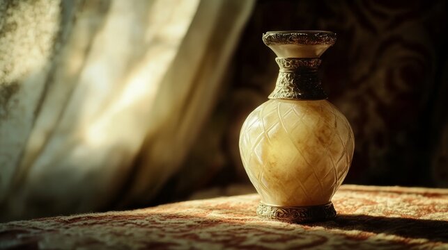 An alabaster jar of expensive perfume. Biblical depiction of the alabaster jar used by a woman to anoint Jesus Christ in Bethany.