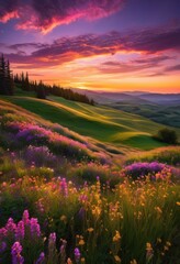 Obraz premium magical dusk landscape featuring vibrant sky colors stunning shades gold over serene horizon breath taking nature elements, sunset, twilight, clouds, pink