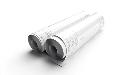Rolled architectural blueprints on white background